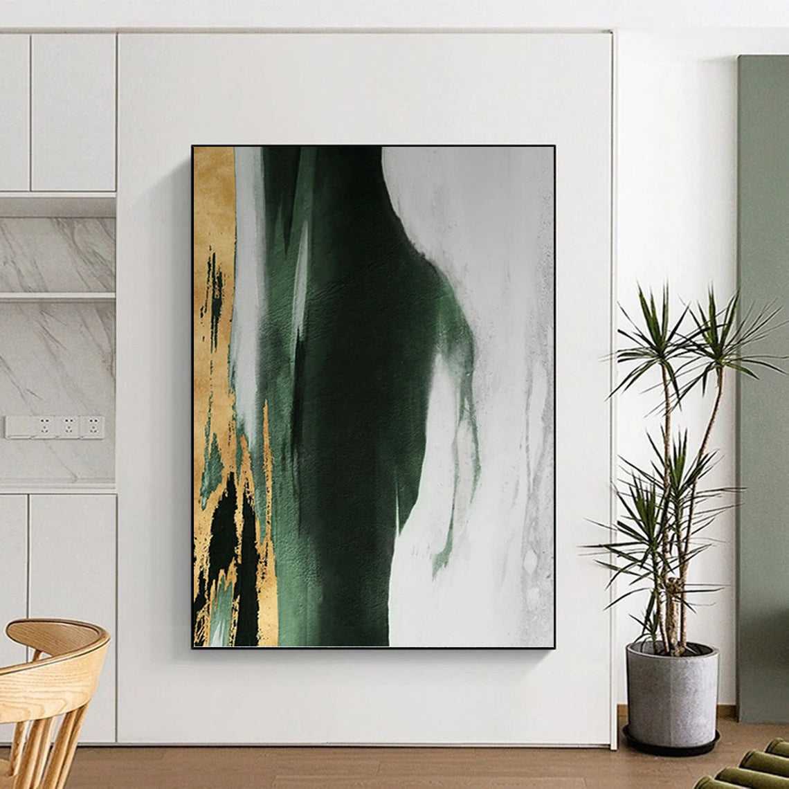 “Gold, Green & White Abstract” - Gold, Green, White & Black Abstract Painting On Canvas DKH1204