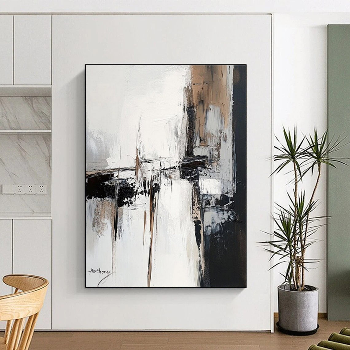 “Black - White - Brown Abstract Blocks” ,Abstract Acrylic Painting CT0784