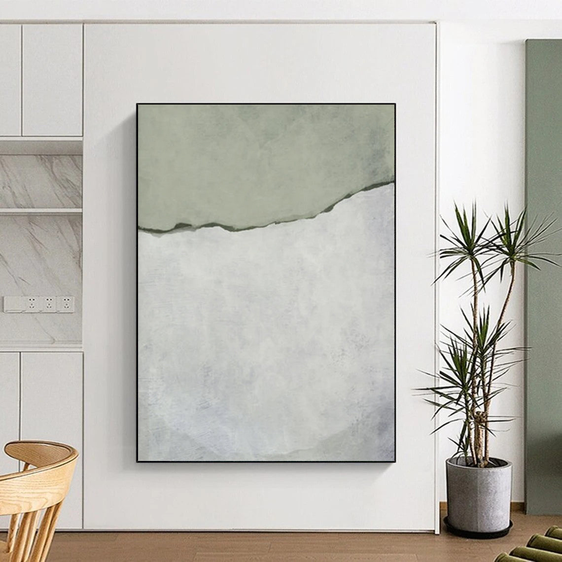 “Soft Green and White Tear” - Green, White Abstract Painting On Canvas DTP241