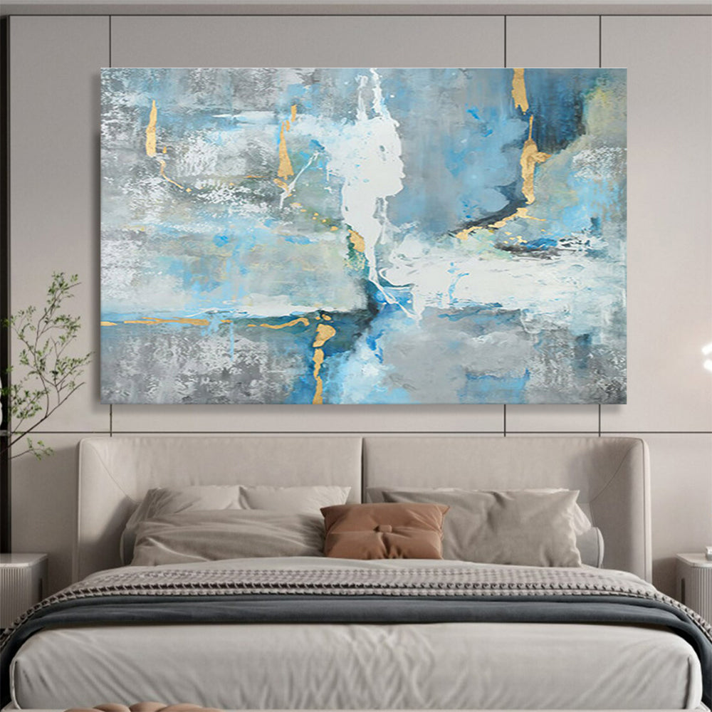 “Blue & Gold Abstract Flow” - Blue, Gray, Gold Abstract Expressionist Painting On Canvas DKH756