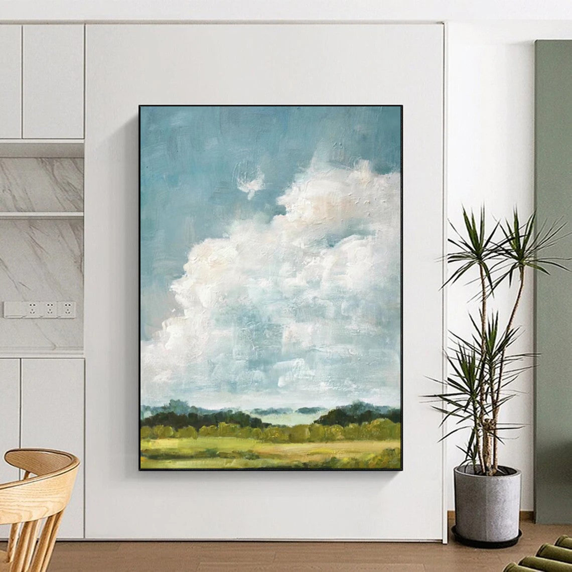 “Sky’s Embrace: Fluffy Clouds Over Fields” - Impasto Landscape Oil on Canvas CT1878