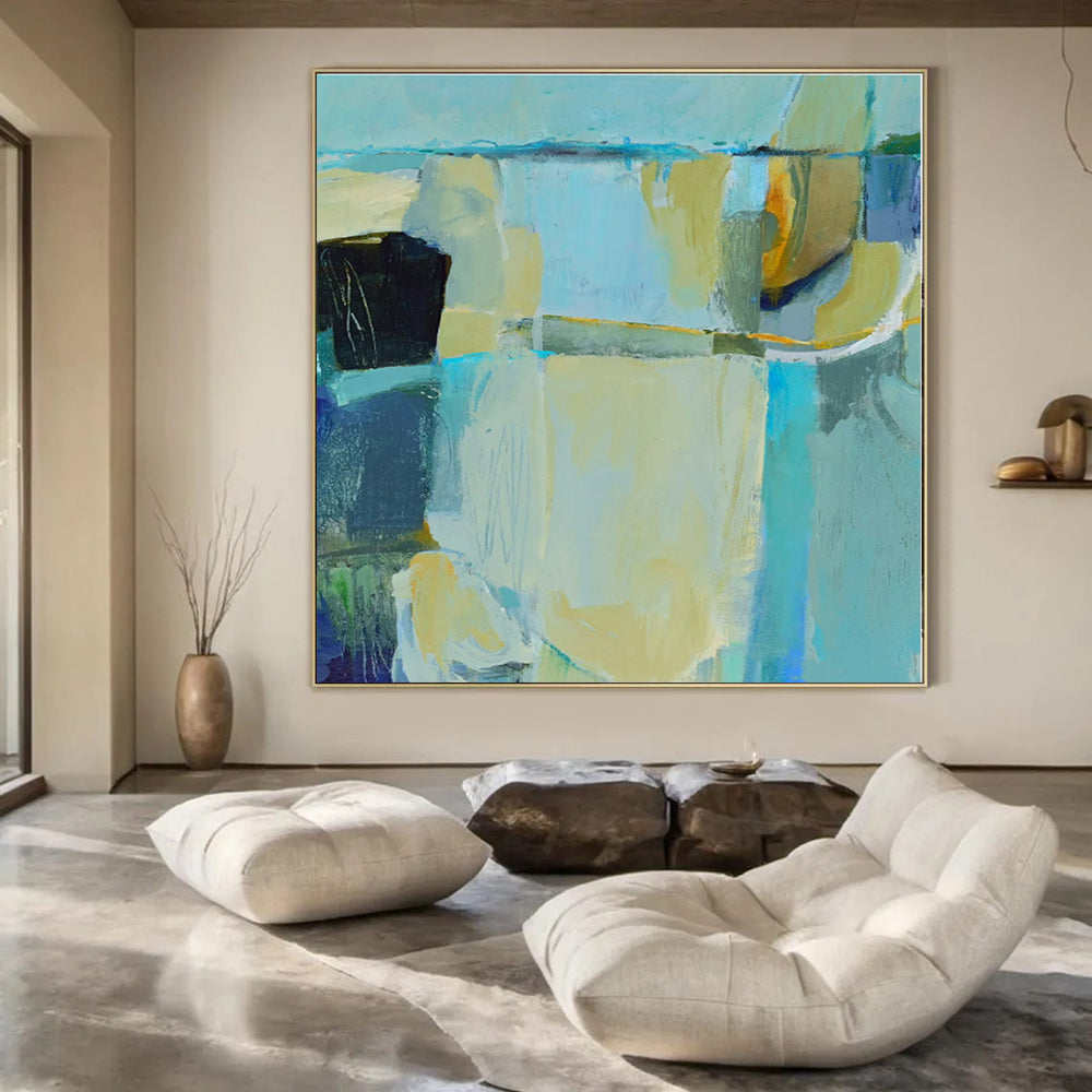 Soft Blue & Beige Abstraction - Abstract Expressionist Acrylic On Canvas CT1308