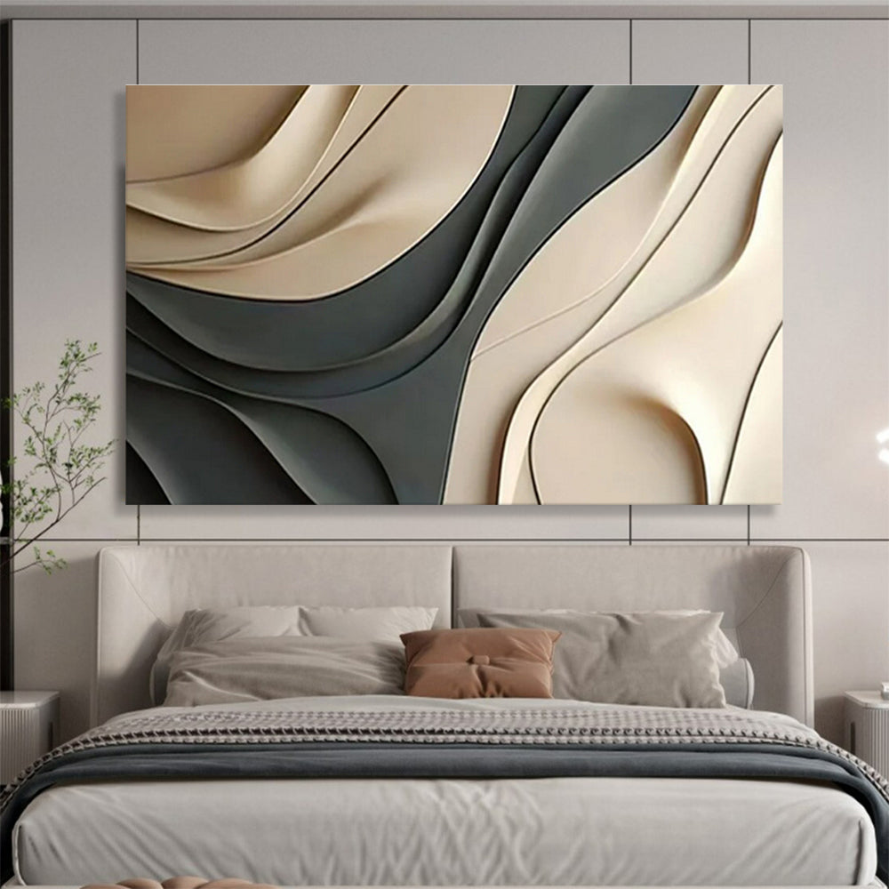 “Curved Beige - Grey 3D Forms” Abstract Sculptural Painting On Canvas DKH523