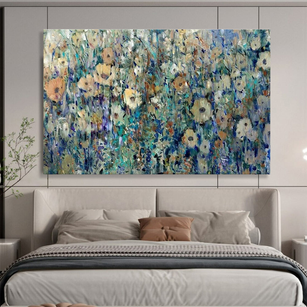 Impressionistic Wildflower Field - Blue, Green & Yellow Floral Painting On Canvas DKH897