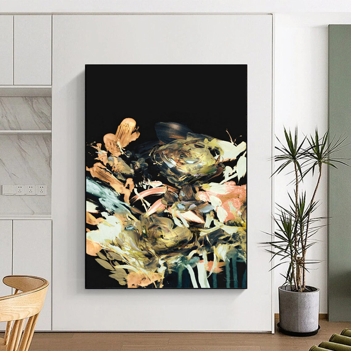 “Gilded Floral Burst on Black” - Impressionistic Floral Painting On Canvas DTP171