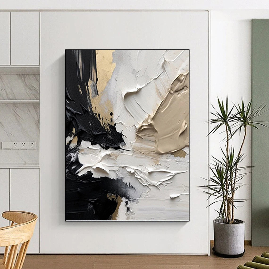 “Black, White & Gold Textured Drama” - Black, White, Gold & Gray Impasto Painting On Canvas DKH1025