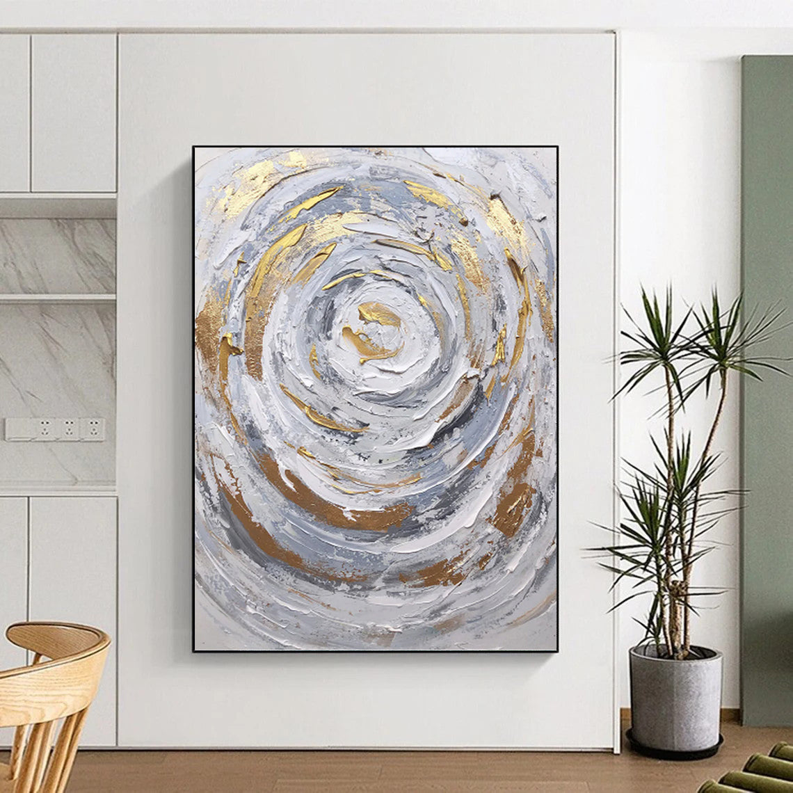 Silver - Gray and Gold Swirl - Abstract Impasto Painting On Canvas DKH1286