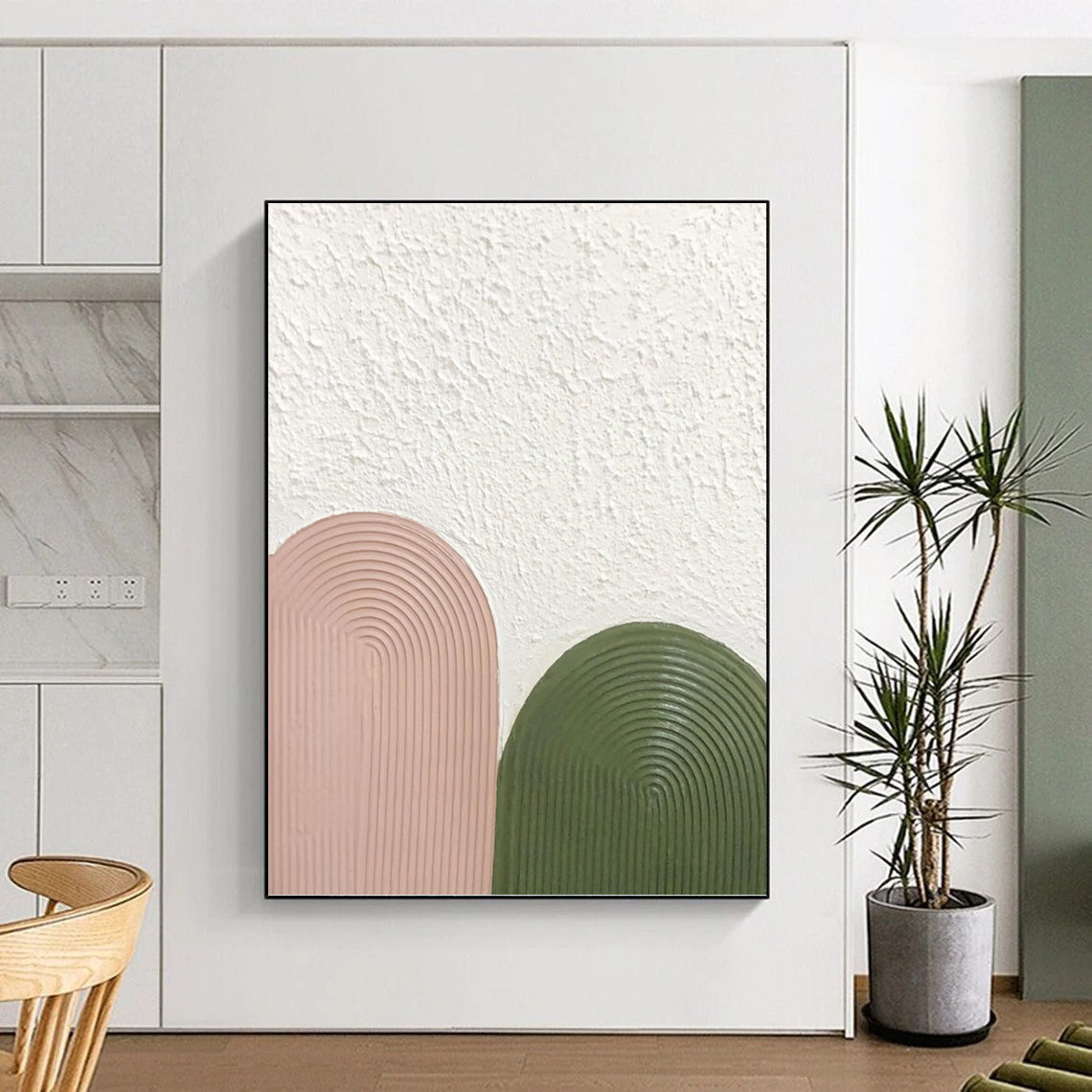 “Blush & Green Arches” - Pink, Green & White Textured Curves Painting On Canvas DKH1175