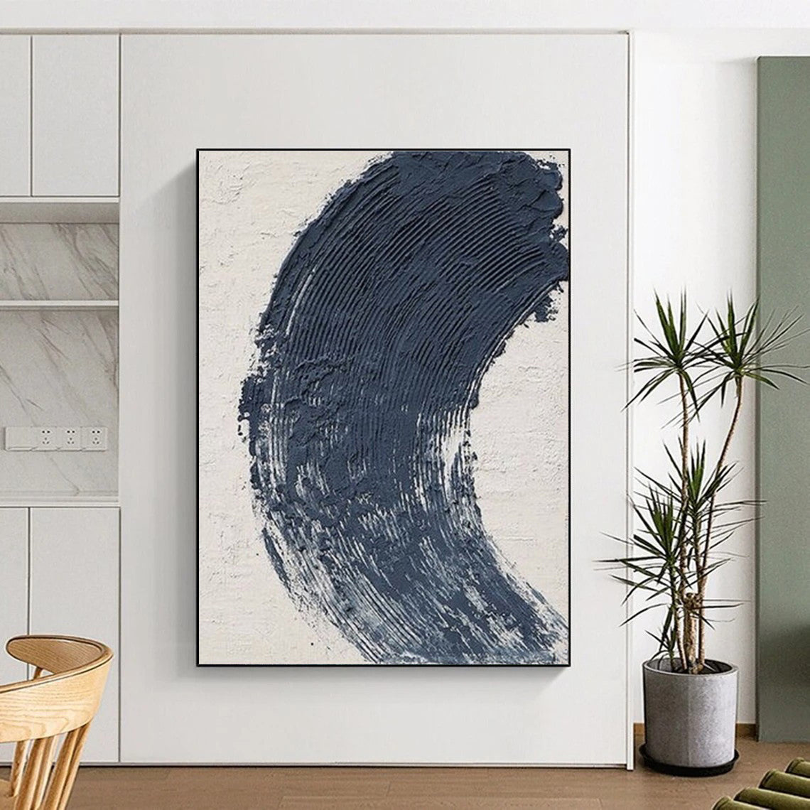 “Thick Blue Crescent Stroke”,Abstract Impasto Style CT0680