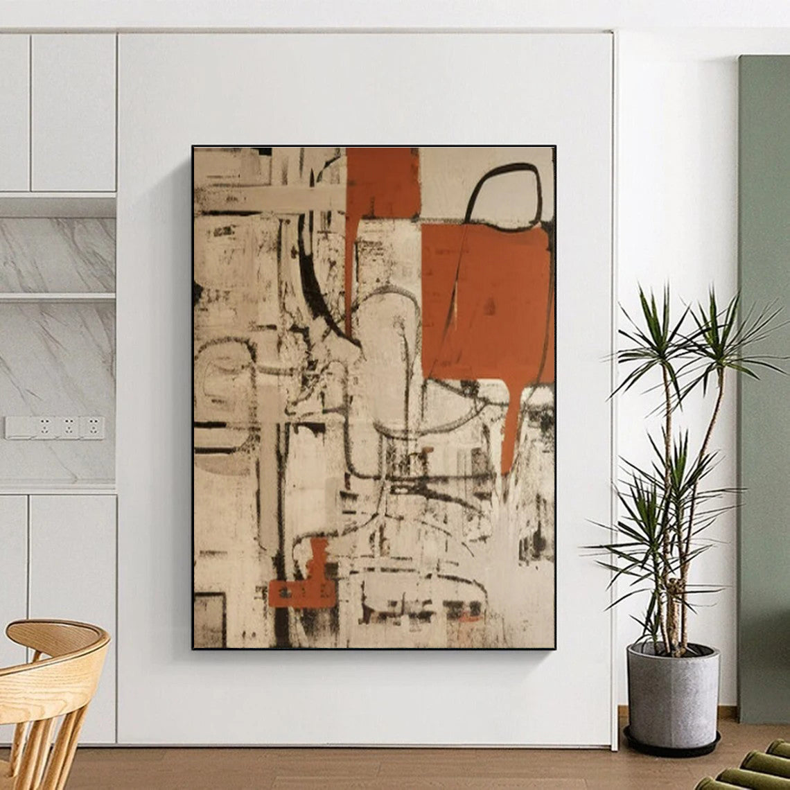 “Beige - Black - Orange Abstract Networks” ,Abstract Oil Painting CT0835