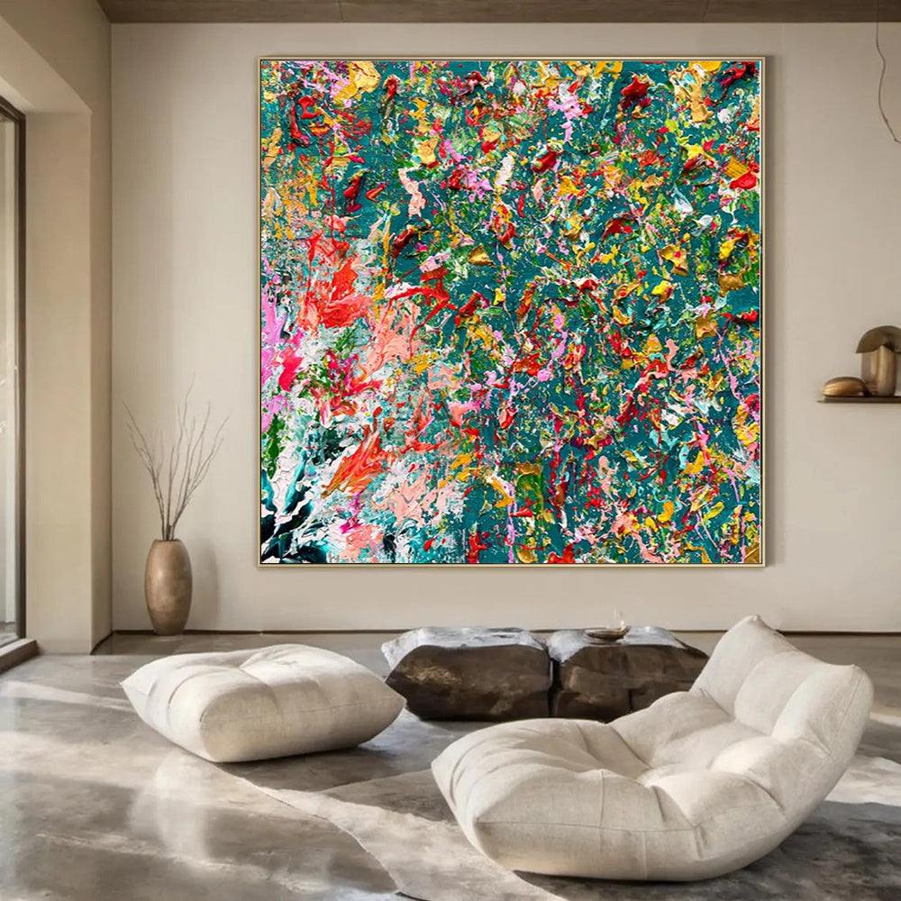 Vivid Color Splash on Teal - Abstract Expressionist Painting CT1220