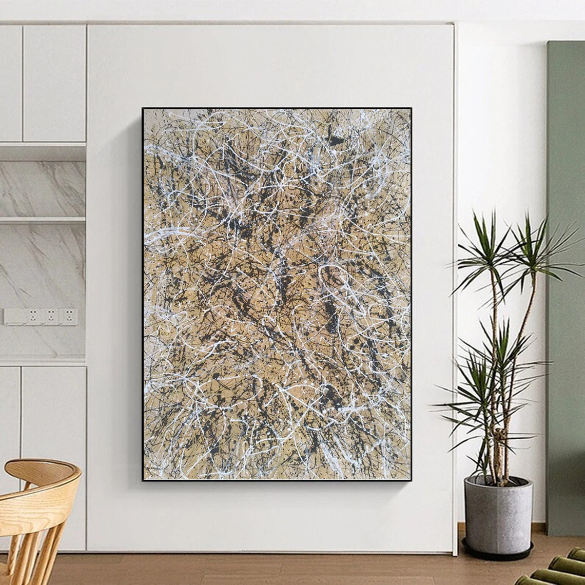 “Beige and Black Web” - Beige and Black Abstract Drip Painting On Canvas DKH1574