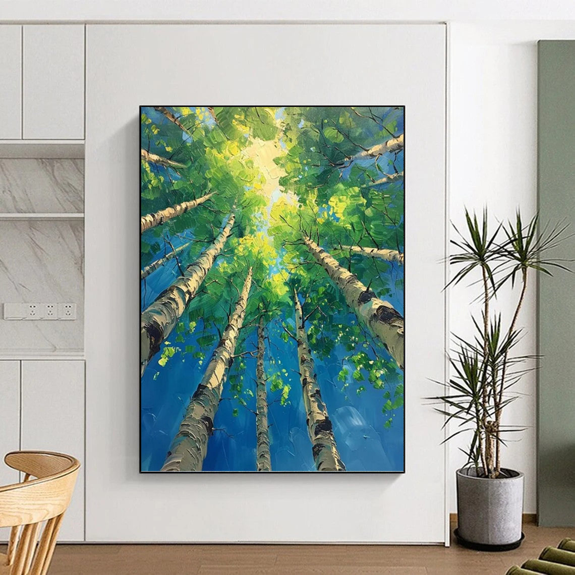 “Sunlit Canopy” - Green, Blue & Yellow Tree - Top Landscape Painting On Canvas DKH1552