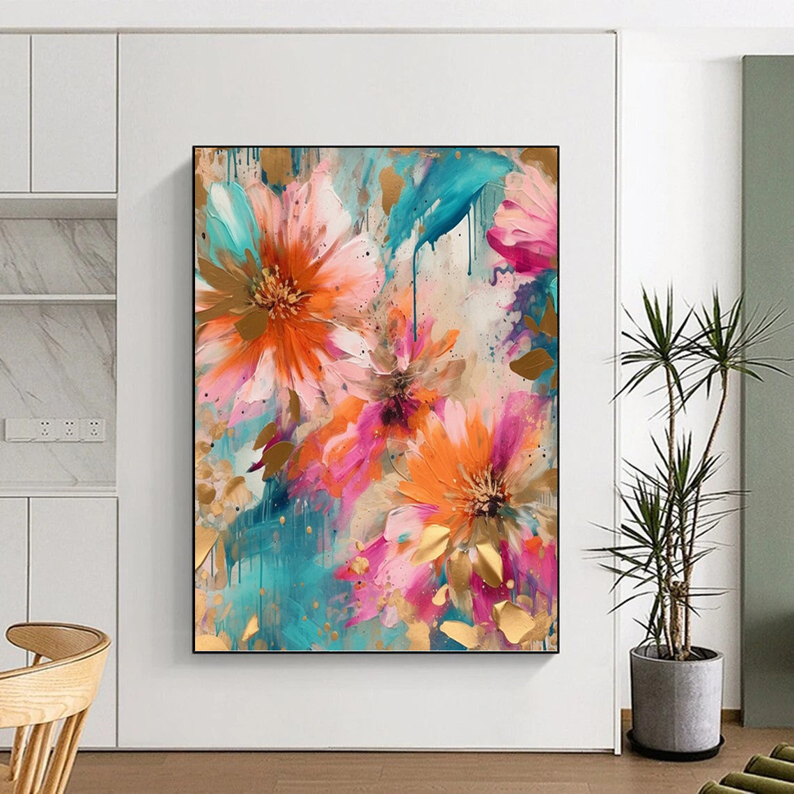 “Teal & Gold Floral Splash with Drips” - Modern Abstract Flower Painting On Canvas DKH1598