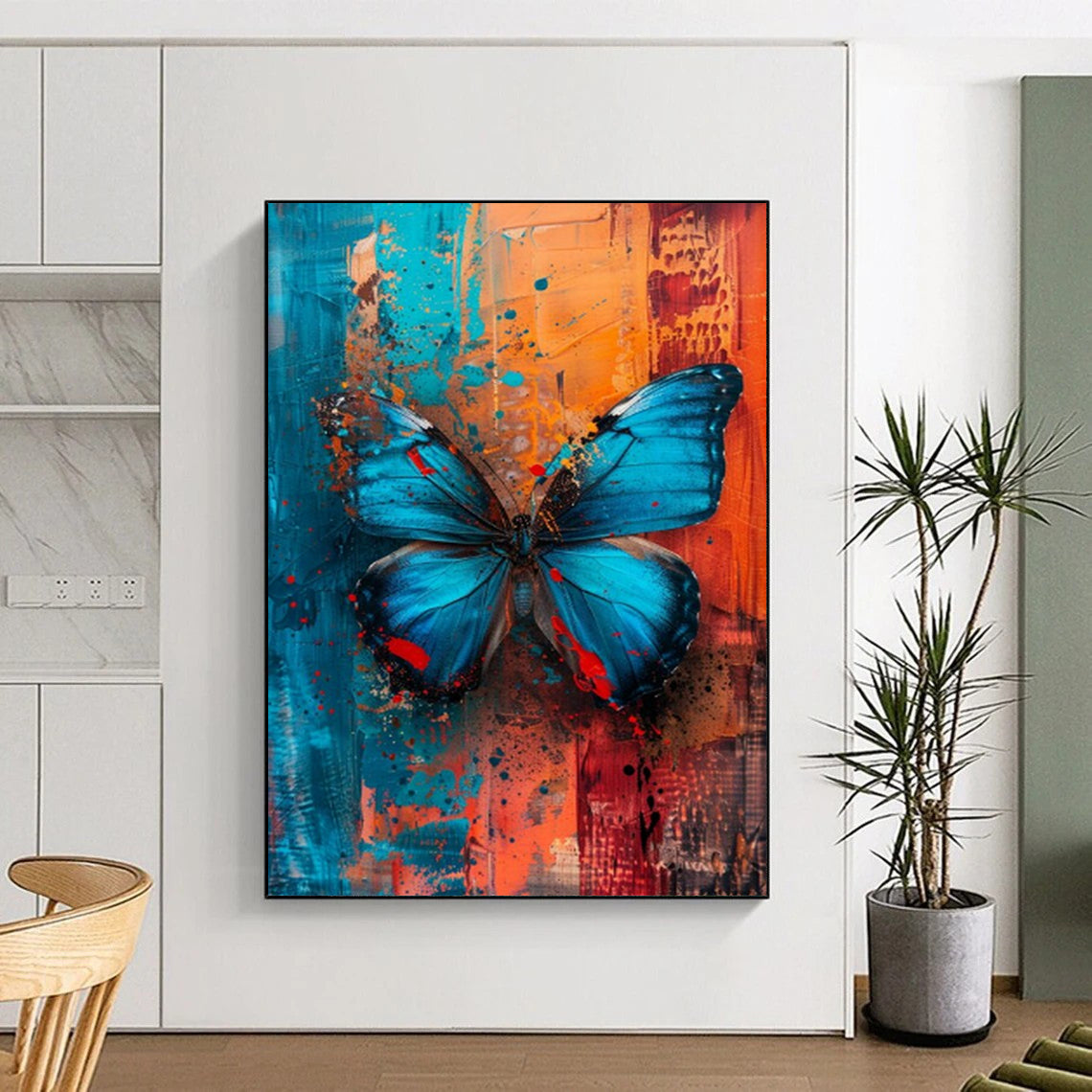 “Vibrant Blue Butterfly” - Blue, Orange & Red Butterfly Painting On Canvas CT2194