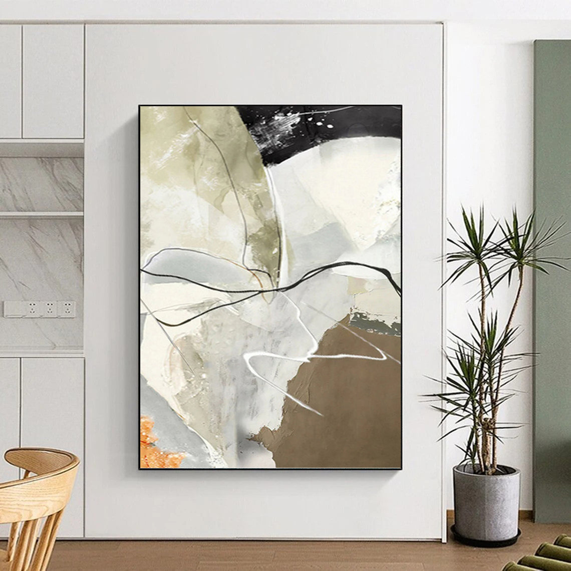 Neutral & Black Lines - Abstract Composition Painting On Canvas DKH1237