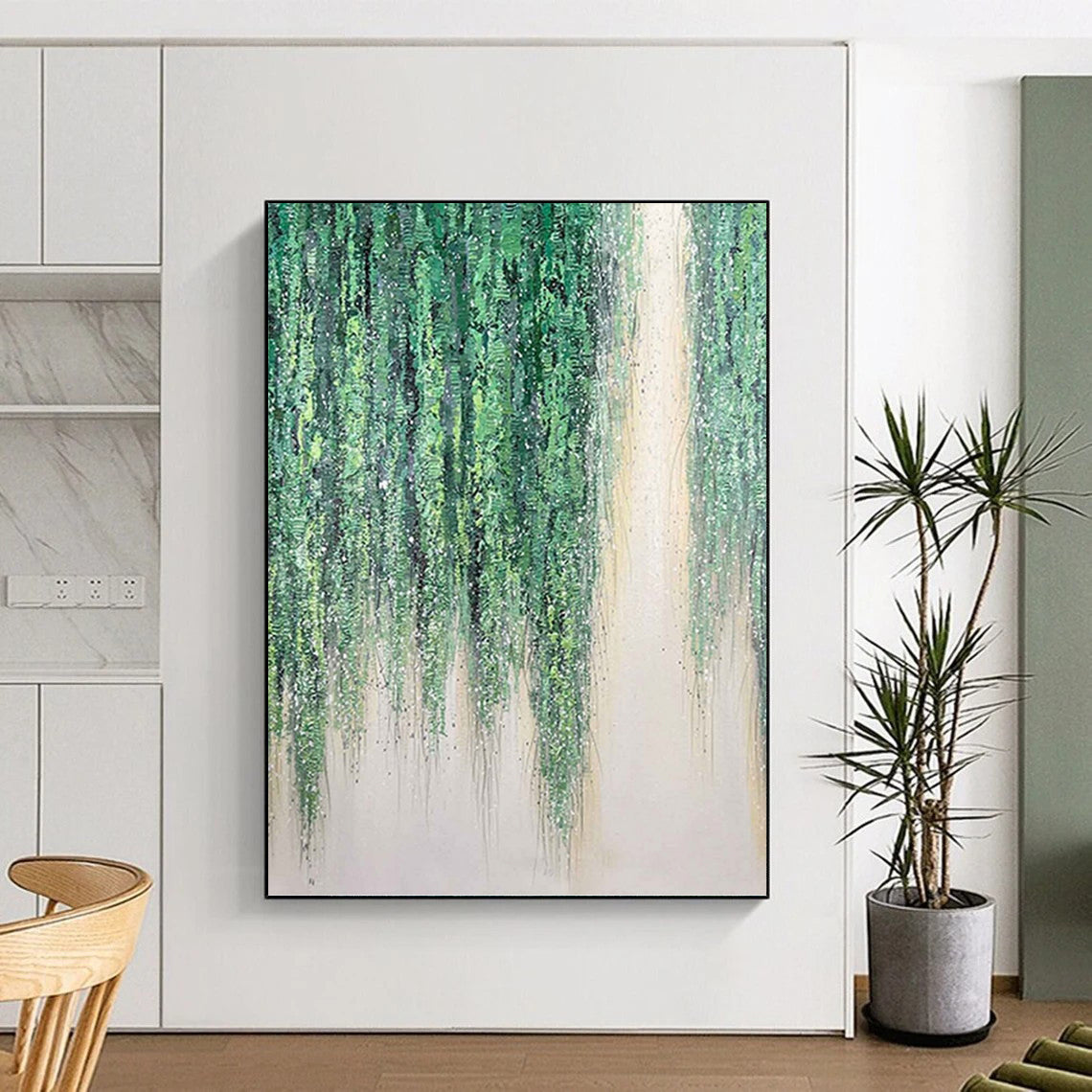 “Willow Whispers” - Green & White Hanging Foliage Painting On Canvas DKH1506