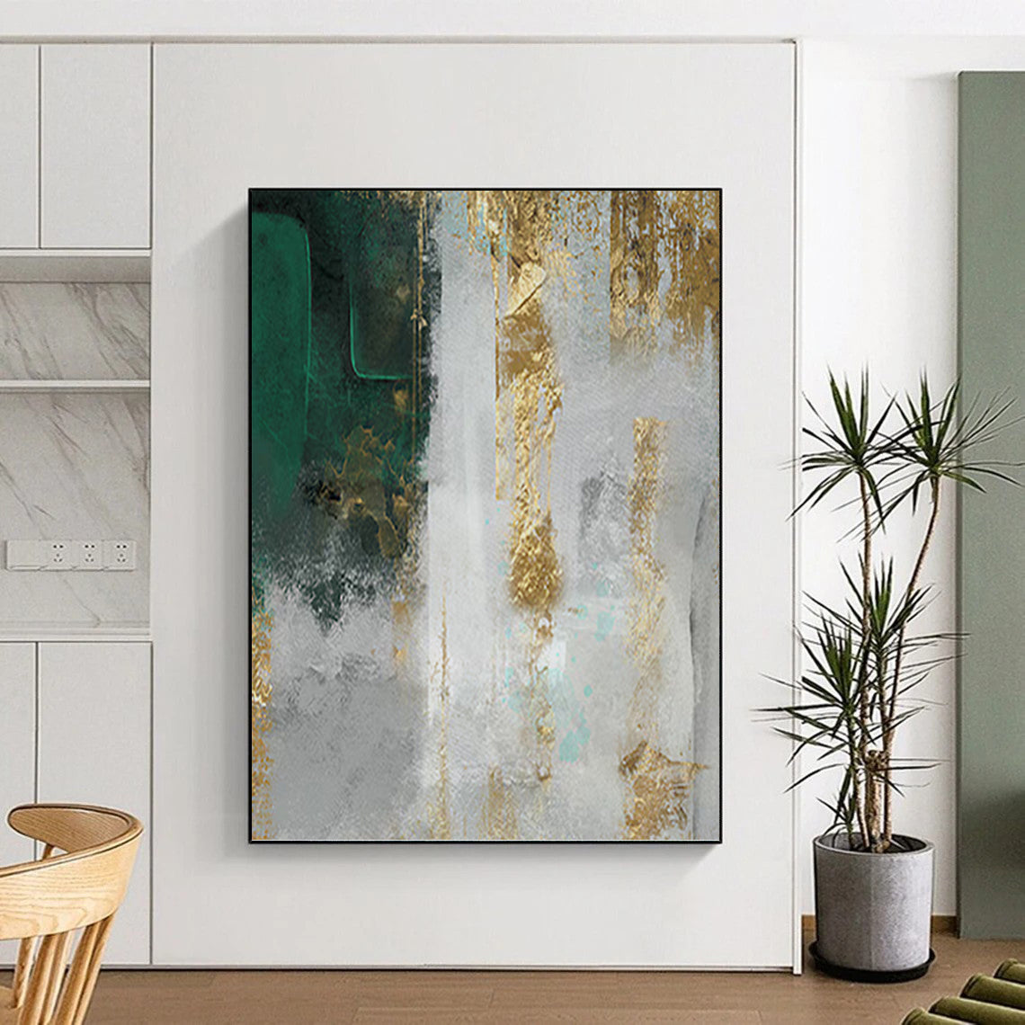 “Gilded Emerald” - Green, Gold & Gray Textured Abstract Painting On Canvas DKH1518