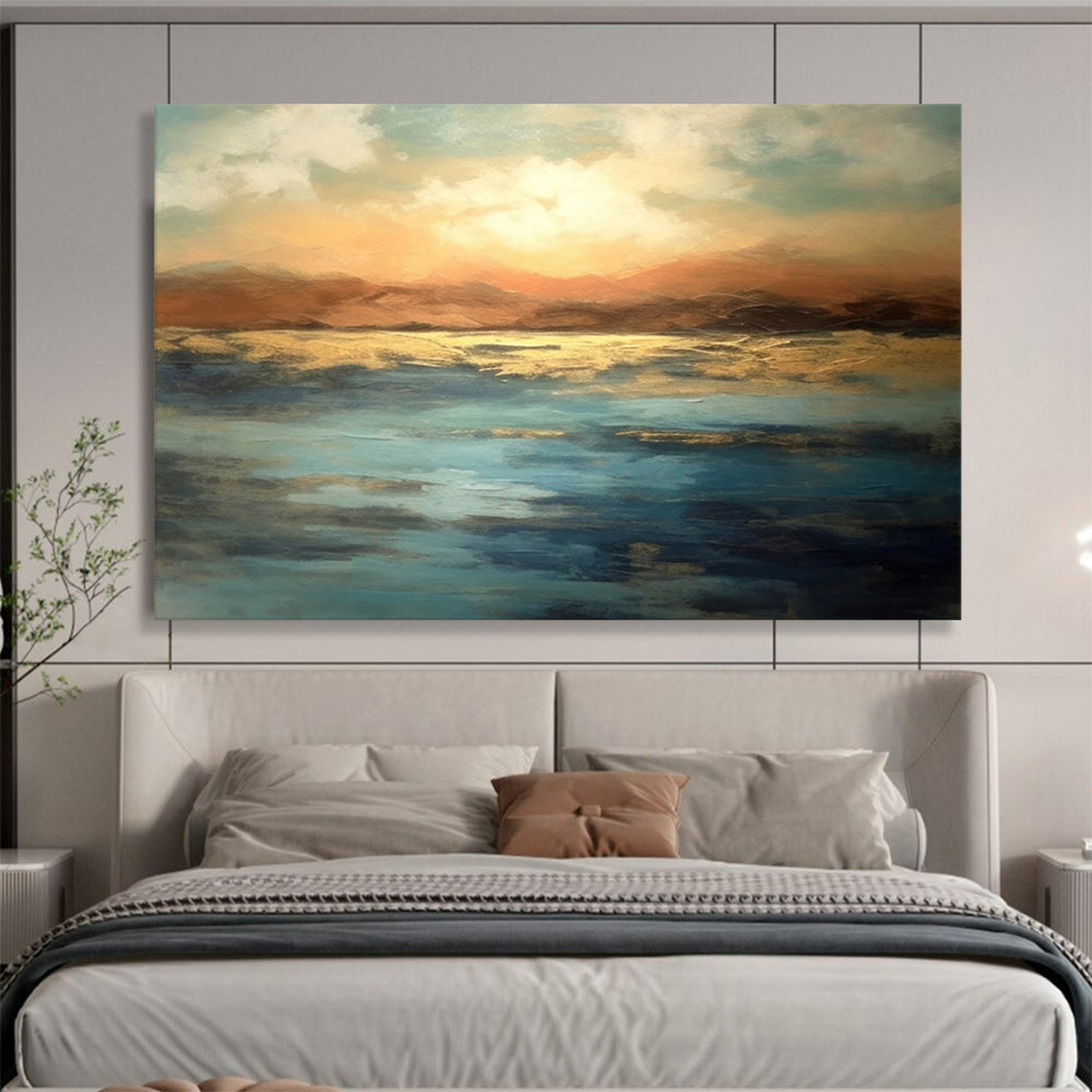 “Sunset - Colored Lake And Mountains” Abstract Landscape Painting On Canvas DLZ055