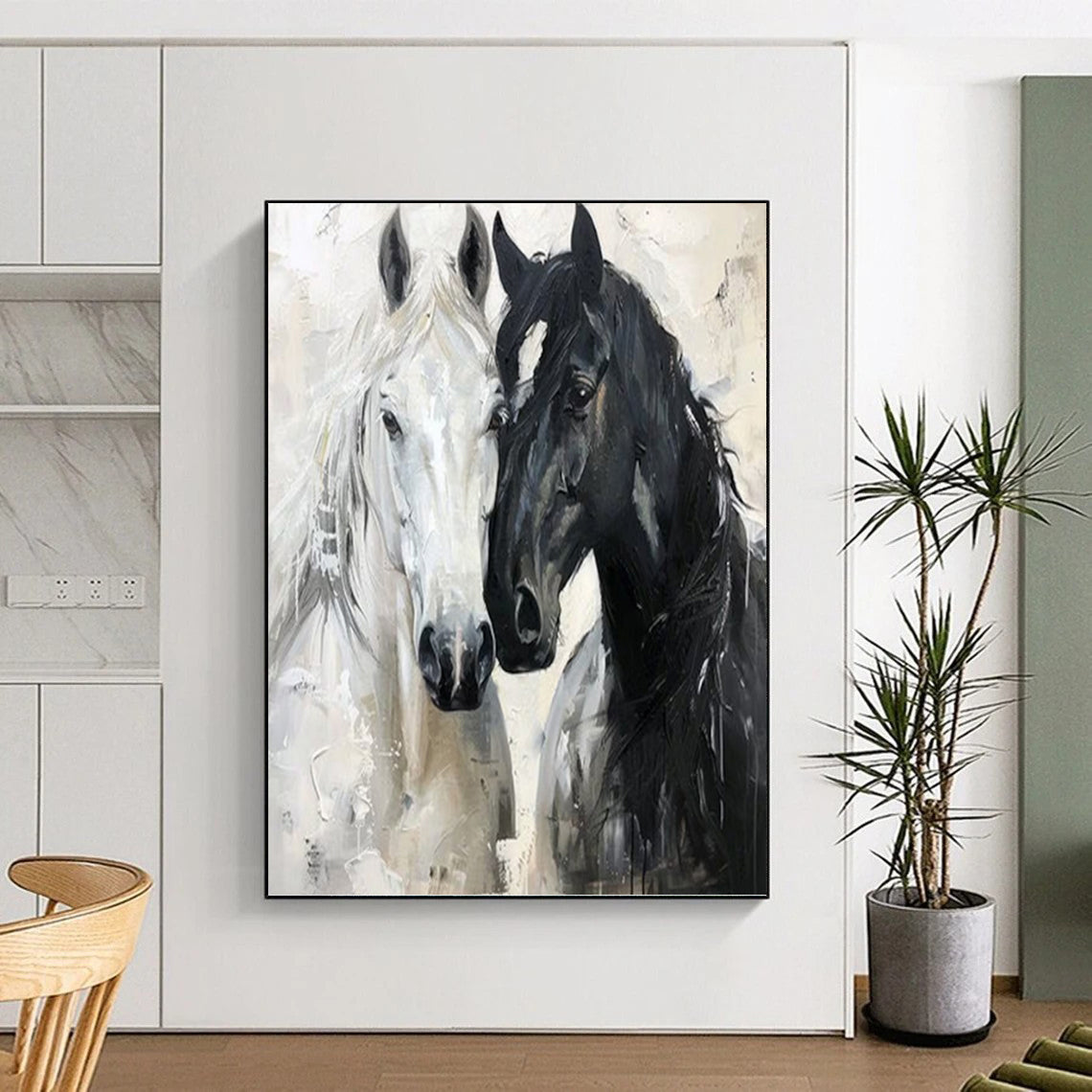 Black and White Horse Duet - Expressive Equine Painting On Canvas DKH1401