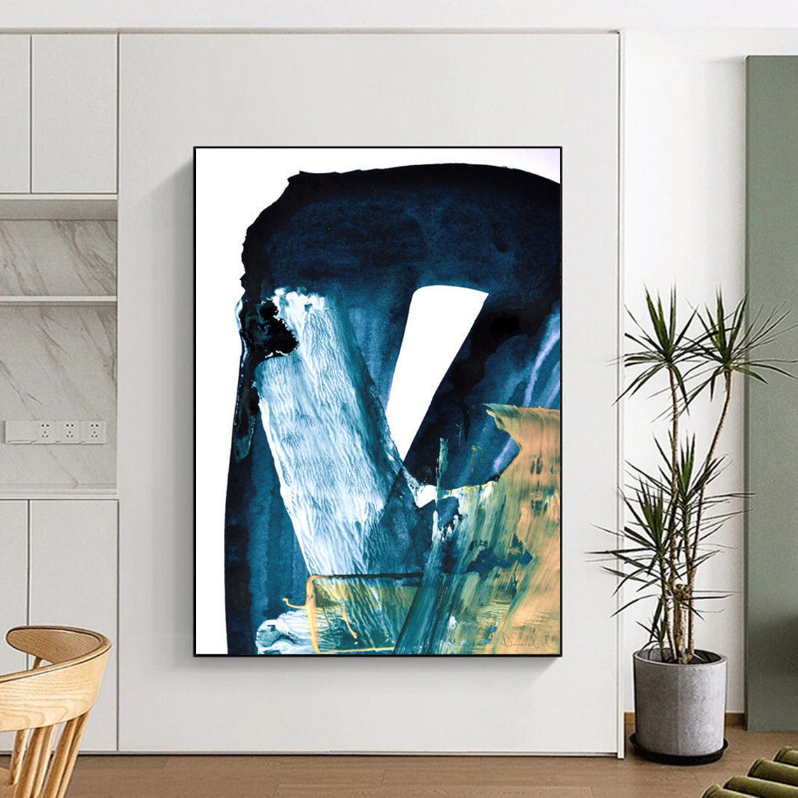 “Deep Blue - White - Gold Abstract” - Abstract Ink - Inspired Painting On Canvas DTP190