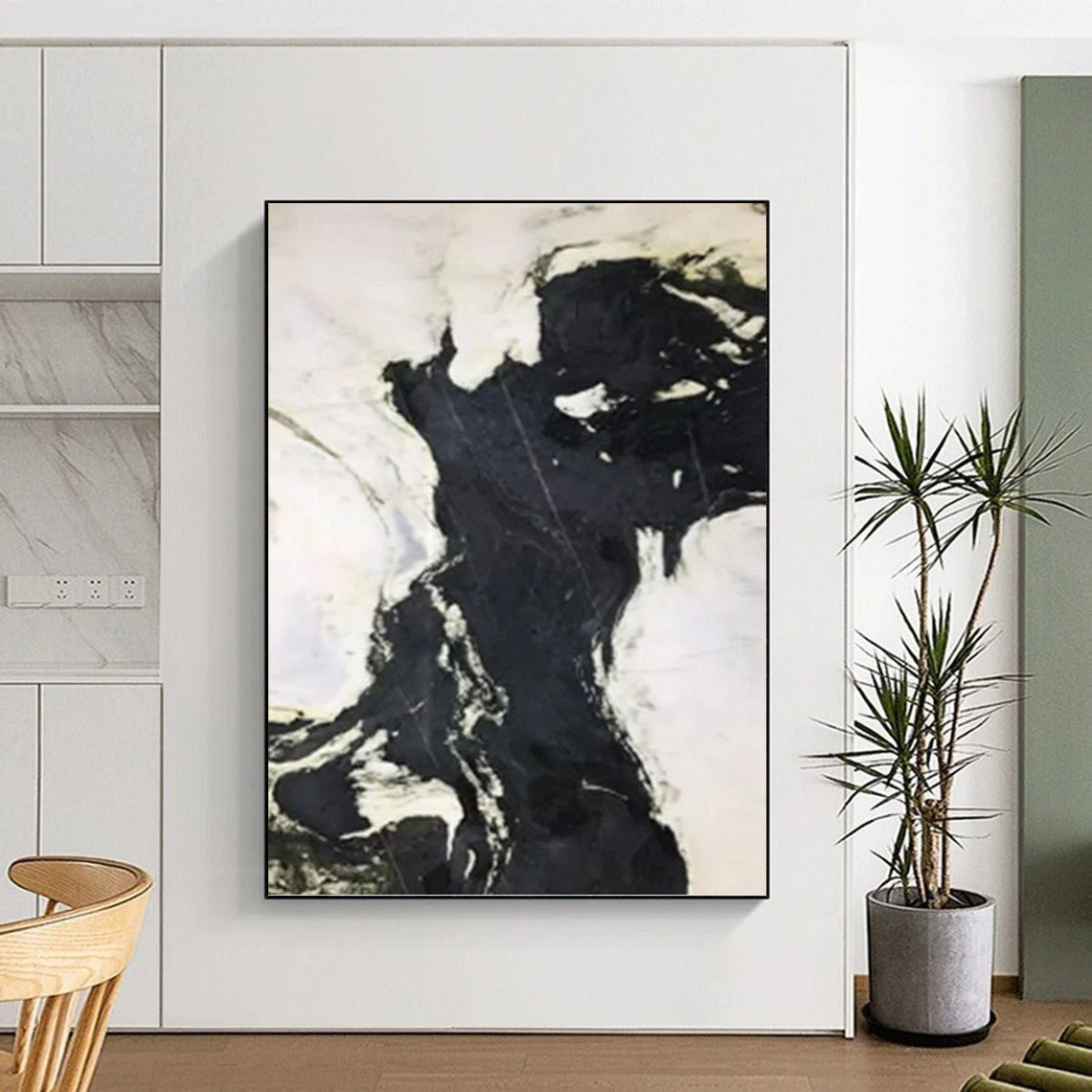 “Black & White Marble - like Abstraction” - Monochromatic Abstract Painting DKH1046