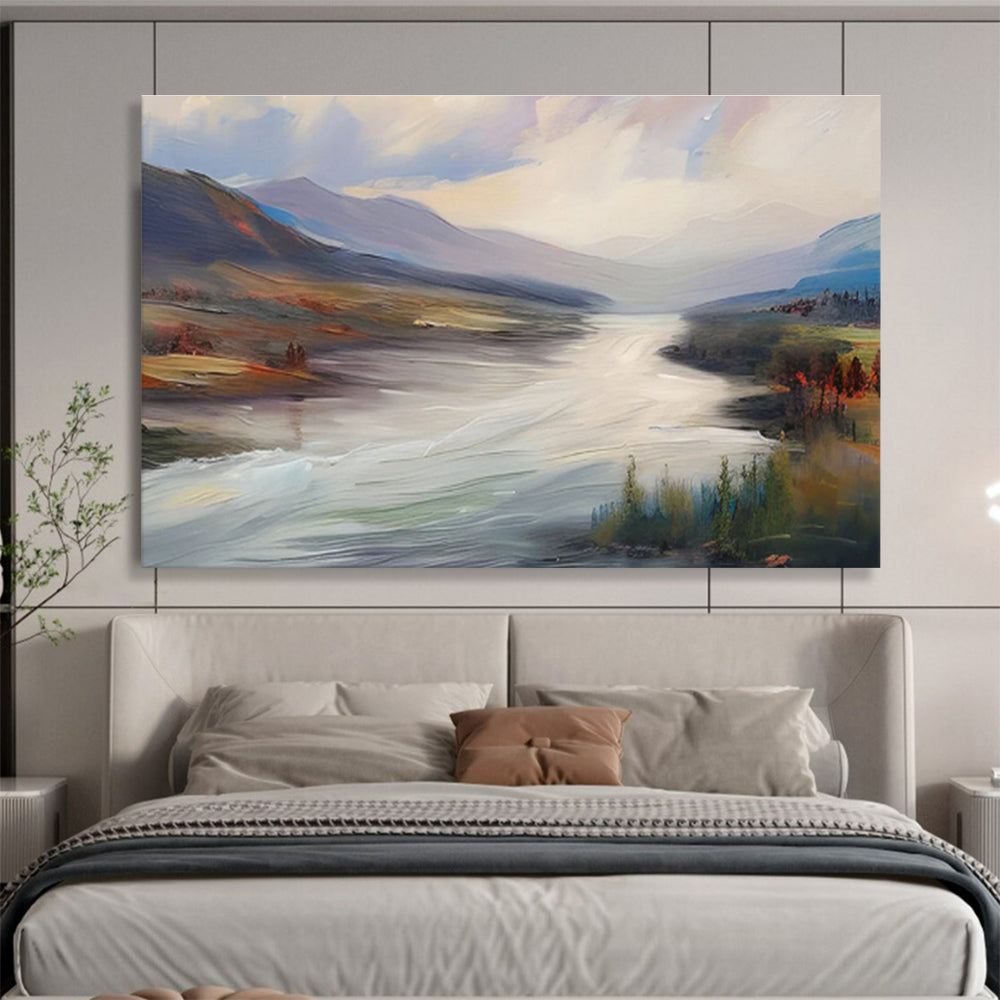 “Flowing River Landscape” - Blue, Gray, Brown Landscape Oil Painting On Canvas DKH726