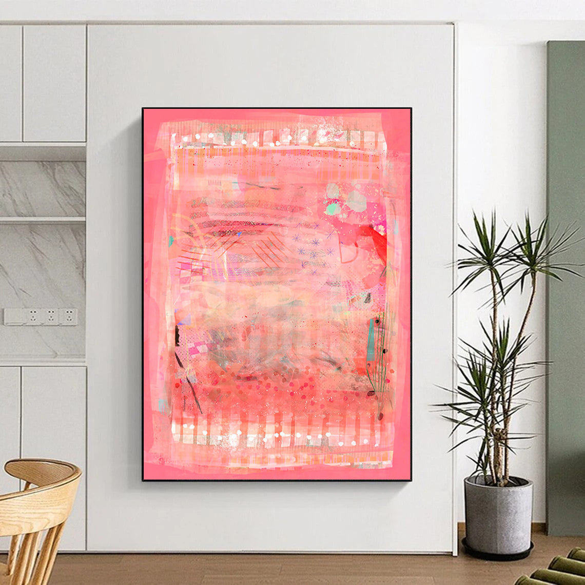 “Pink & Patchwork” - Abstract Mixed - Media Collage Art on Canvas CT1863