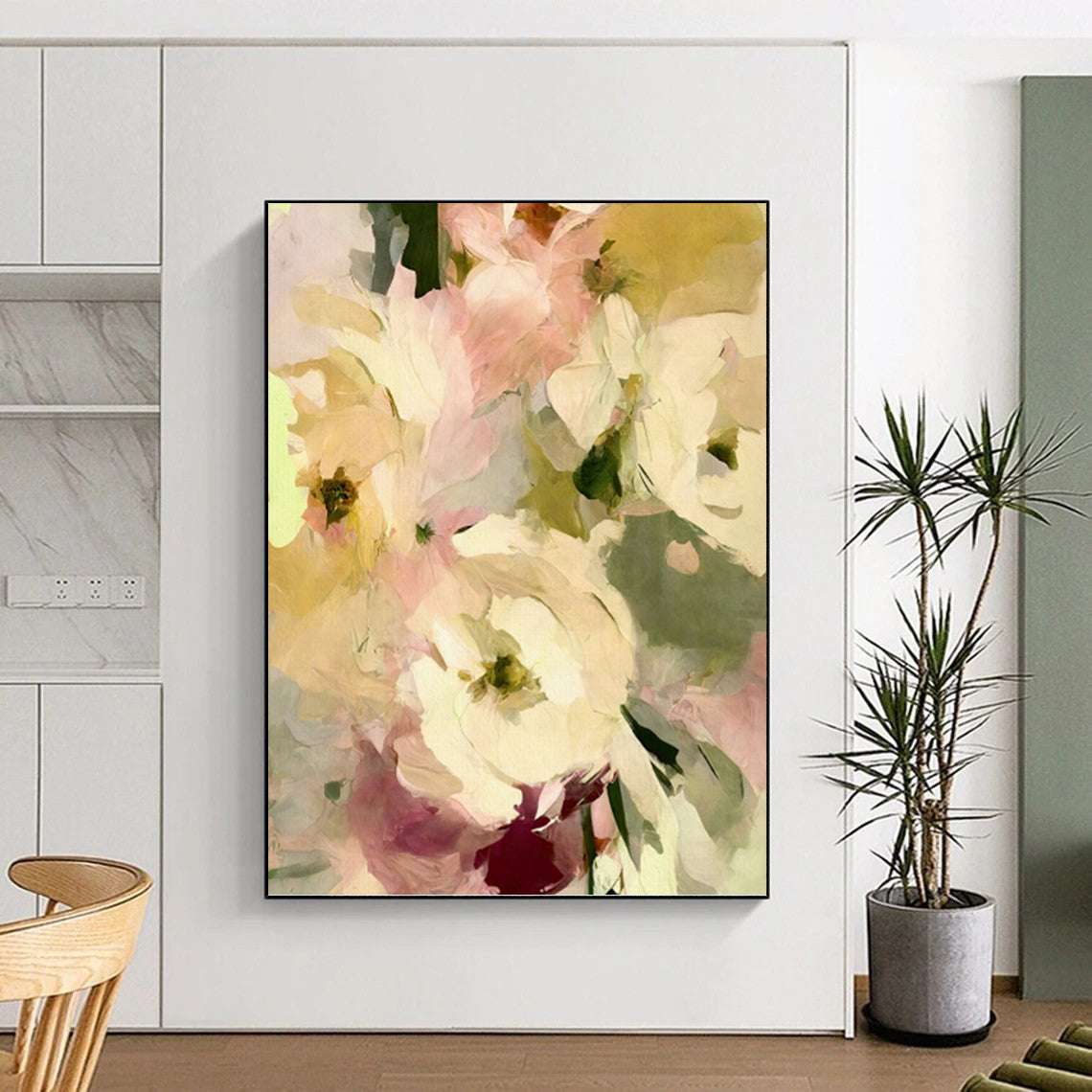 Pale Pink and Yellow Floral Bunch - Delicate Flower Painting On Canvas DKH1354