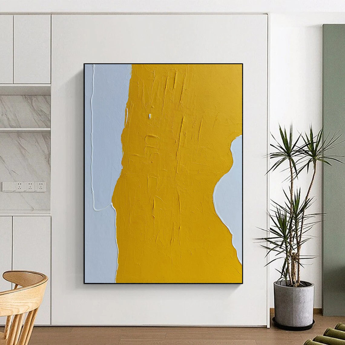 “Yellow, Gray, White Bold Shape ‘Sunny Simplicity’” - Textured Abstract Painting On Canvas DTP351