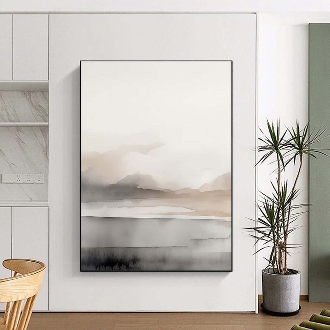 “Ink - Wash Mountain Serenity” – Abstract Watercolor Landscape with Beige and Gray Gradients CT2060