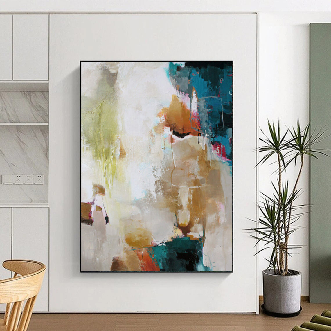 “Colorful Abstract Harmony” - Green, Blue, Gold, Pink & White Vibrant Painting On Canvas DKH1019