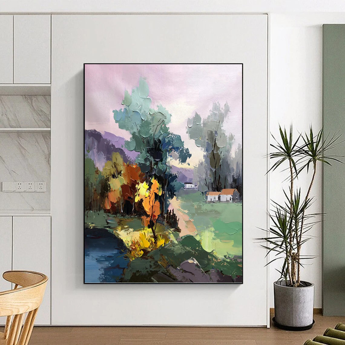 Colorful Village in Pastel Hues - Impressionistic Landscape Painting On Canvas DKH1289