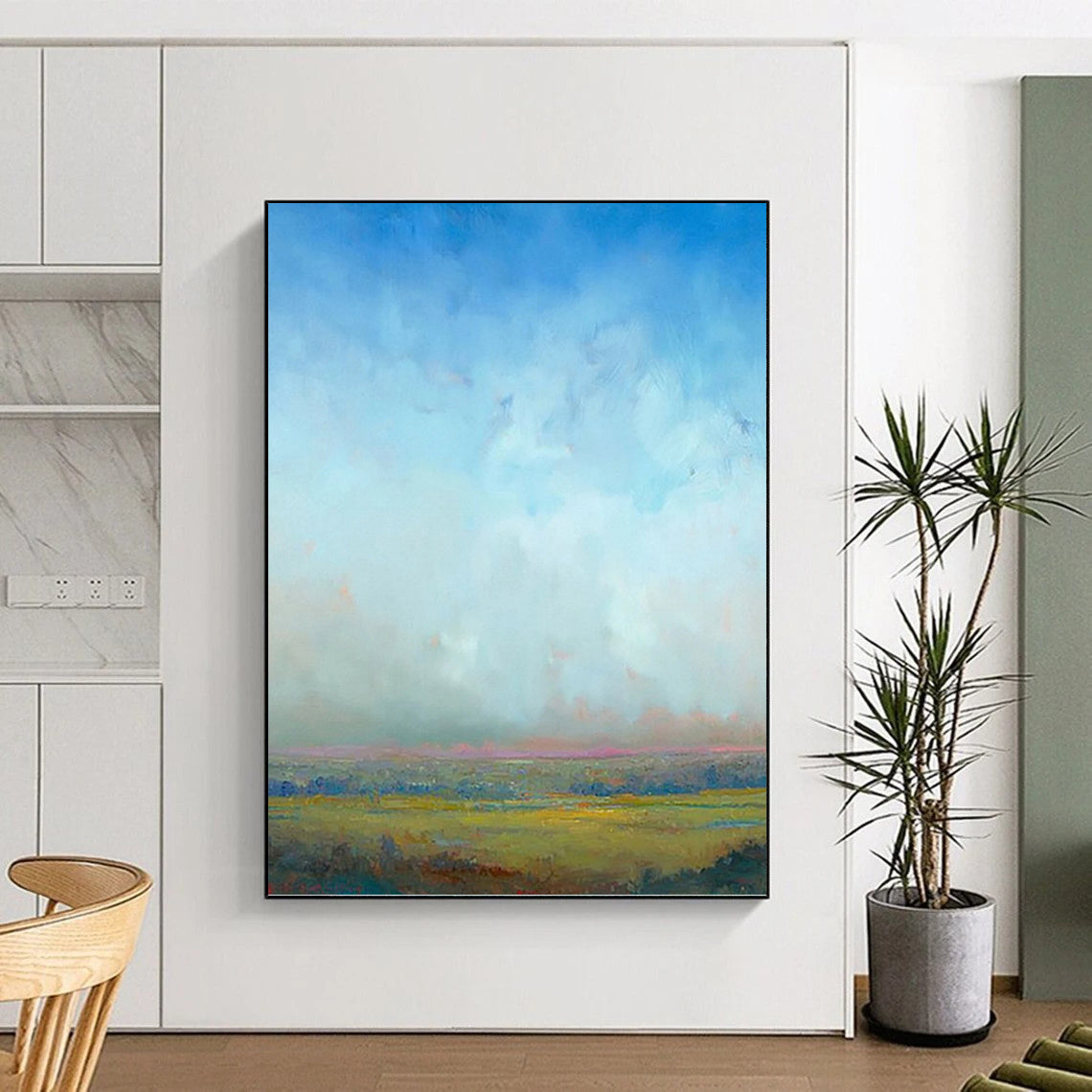“Soft Sky and Golden Fields” - Blue, Green & Yellow Landscape Painting On Canvas DKH0935