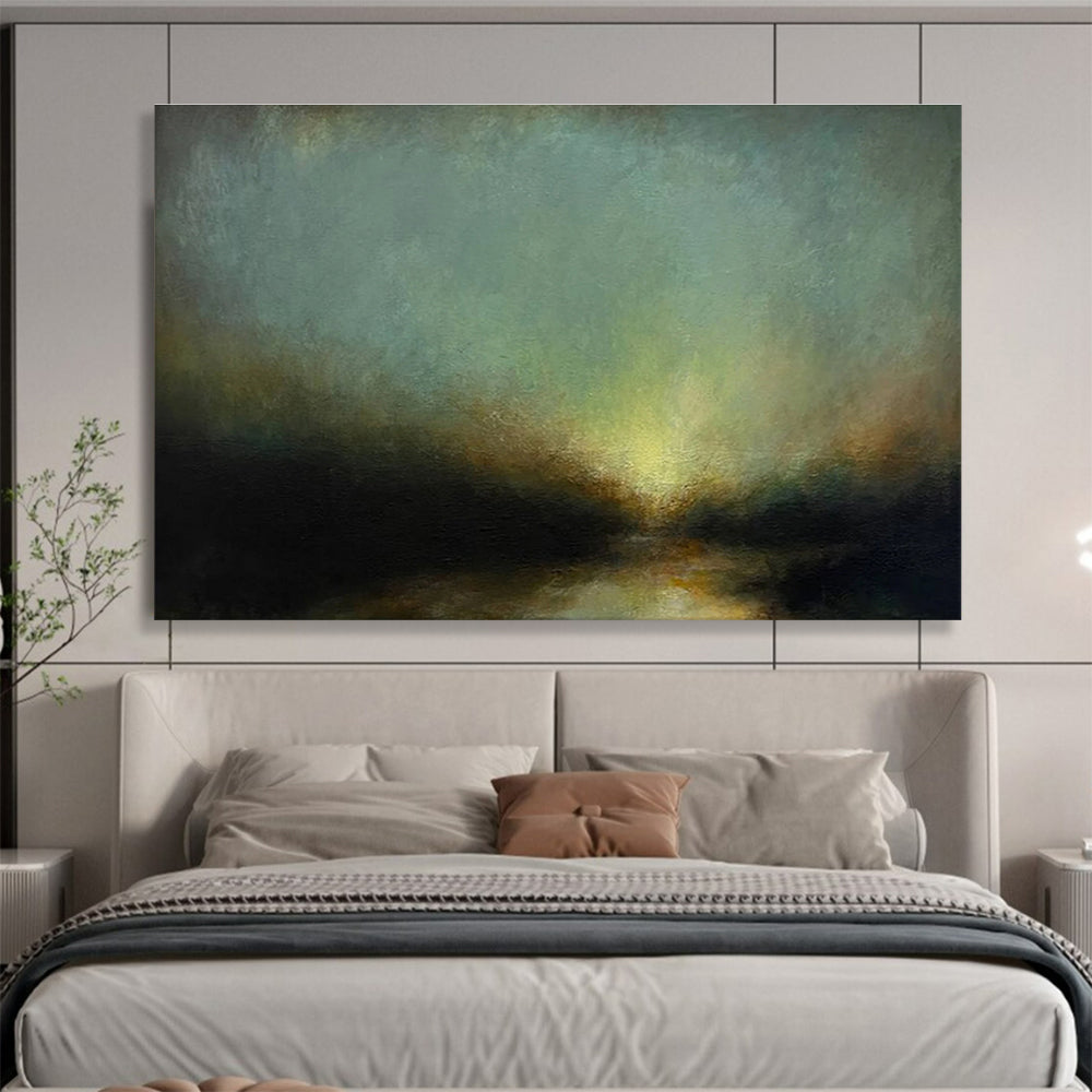“Moody Green Sky Abstract River” - Atmospheric Landscape Painting On Canvas DKH777