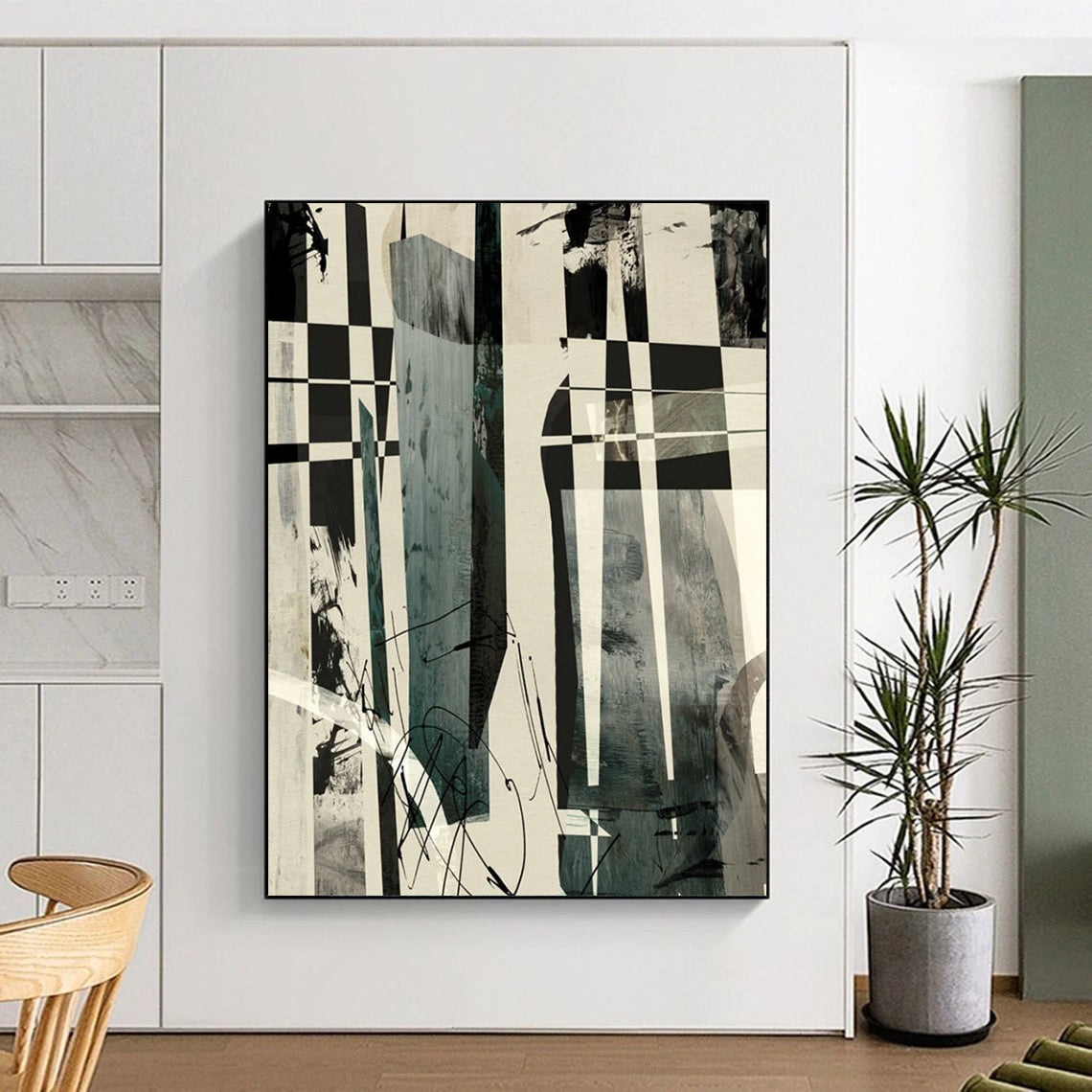 “Checkerboard Abstract Fusion” - Black, White, Gray Abstract Painting On Canvas DTP218