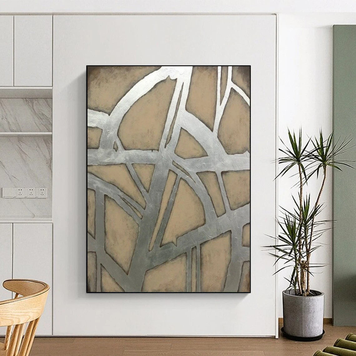“Silver & Beige Geometric Web” - Abstract Painting On Canvas CT2328
