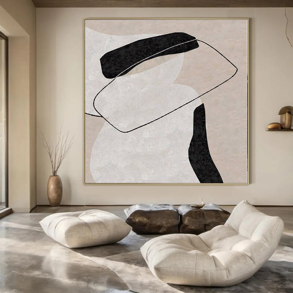“Beige, Black, and White Interlocking Forms” – Geometric Abstract Painting(Variation) CT1122