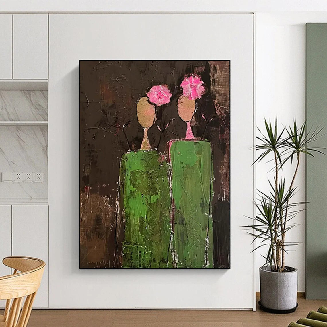 “Pink - Flowered Figure Abstract” - Naive Art - Inspired Painting On Canvas DTP080