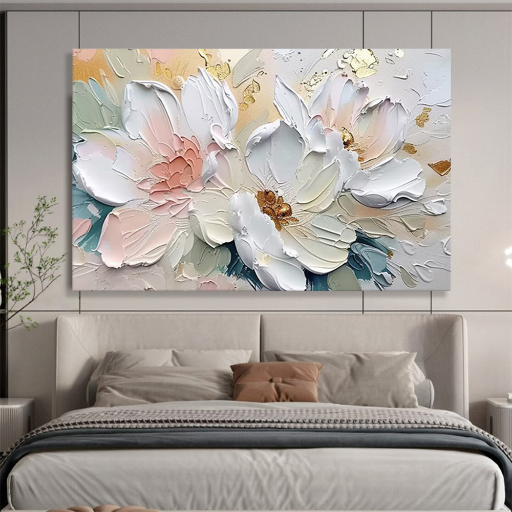 “Gilded Petal Elegance” - White, Pink, Gold Floral Relief - style Painting On Canvas DKH712