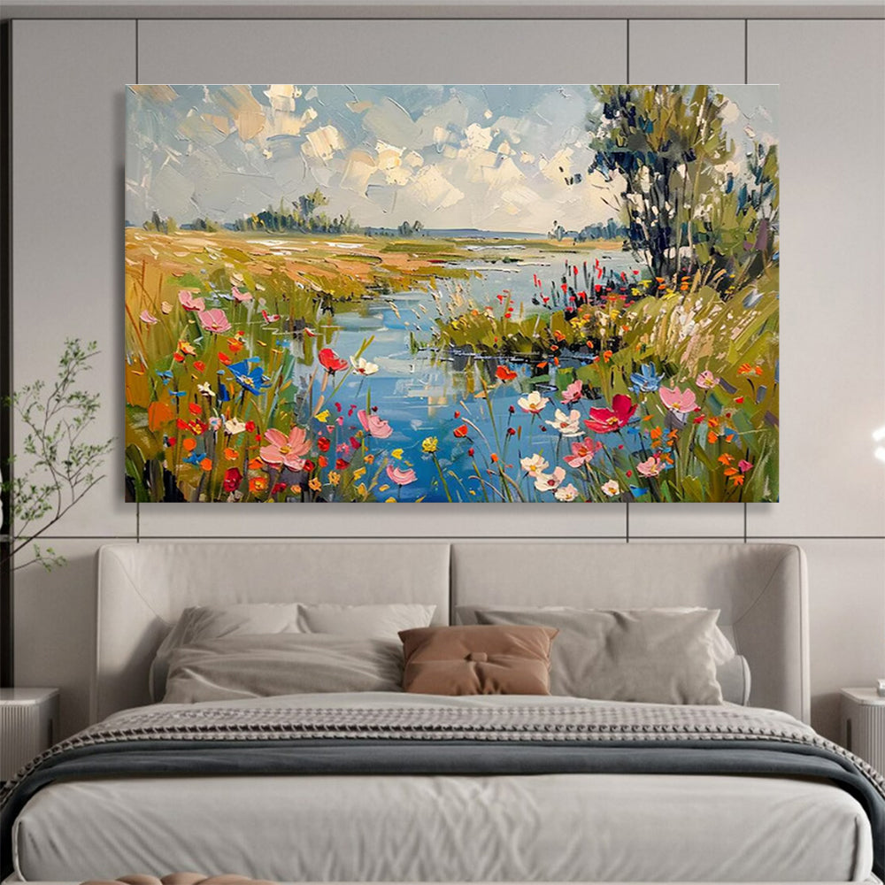 “Riverside Wildflower Meadow” - Impasto Scenery Painting On Canvas DKH833