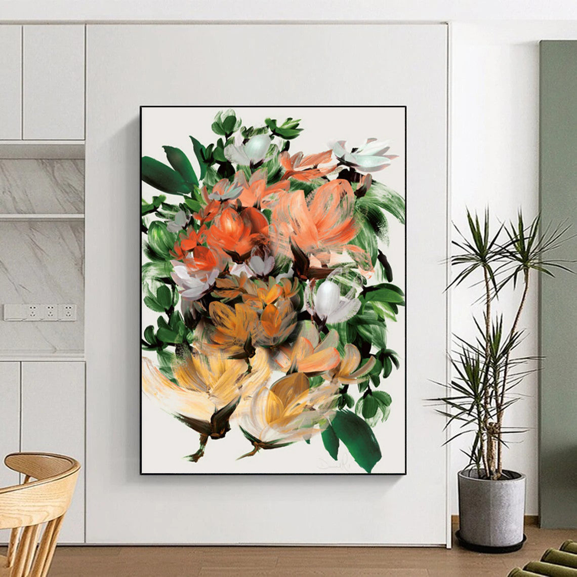 “Lush Floral Bouquet” - Orange, Green, White Abstract Painting On Canvas DTP217