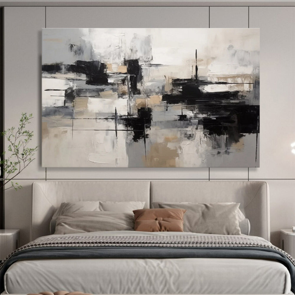 “Black, White & Beige Geometric Abstraction” Geometric Abstract Painting On Canvas DKH335