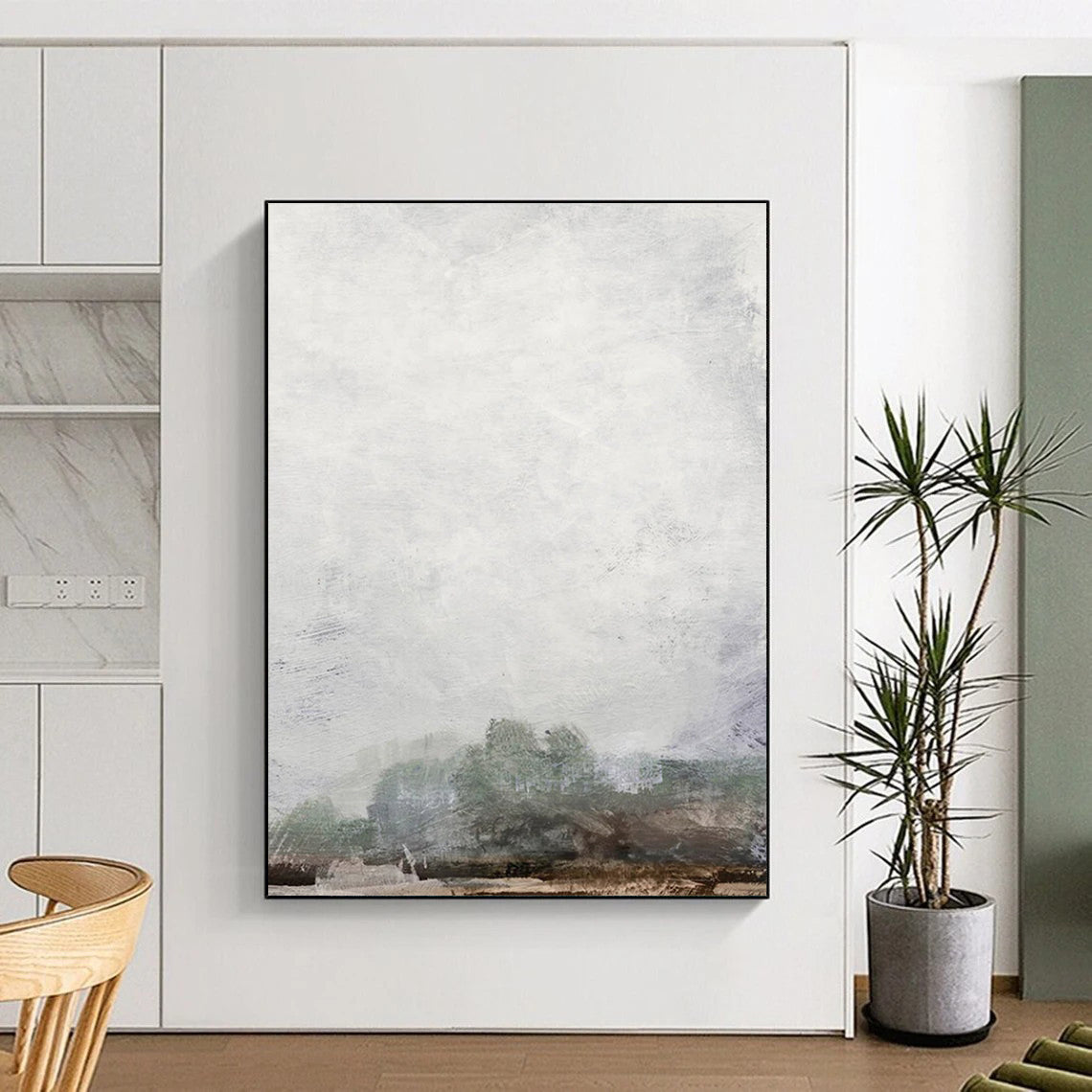 “Foggy Gray Horizon” - Gray, Green Abstract Landscape Painting On Canvas DTP222