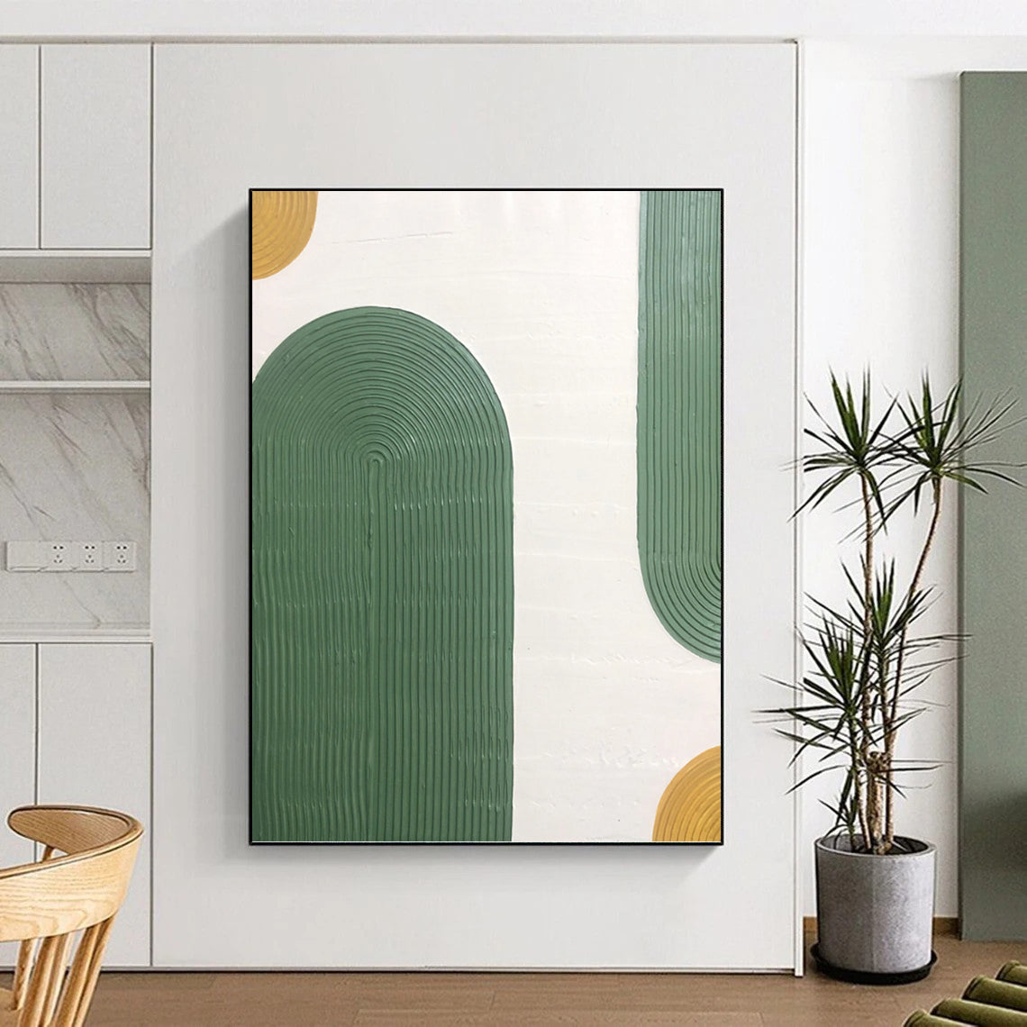 “Green Ribbon Arches” - Green, Yellow & White Textured Curves Painting On Canvas DKH1170