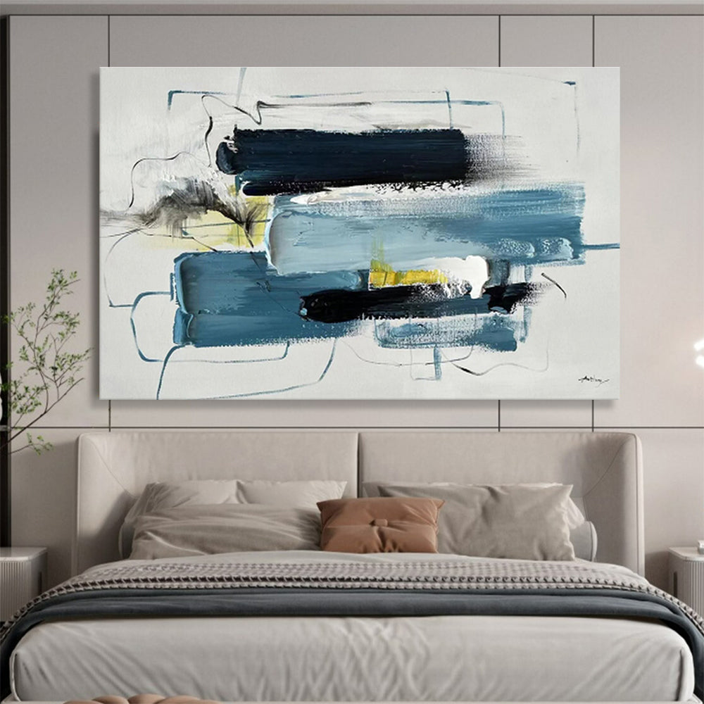Layered Blue and Yellow Abstract Painting On Canvas DKH318