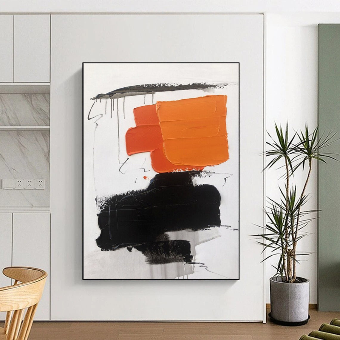 “Orange - Black - White Stacked Shapes” ,Abstract Acrylic Painting CT0789