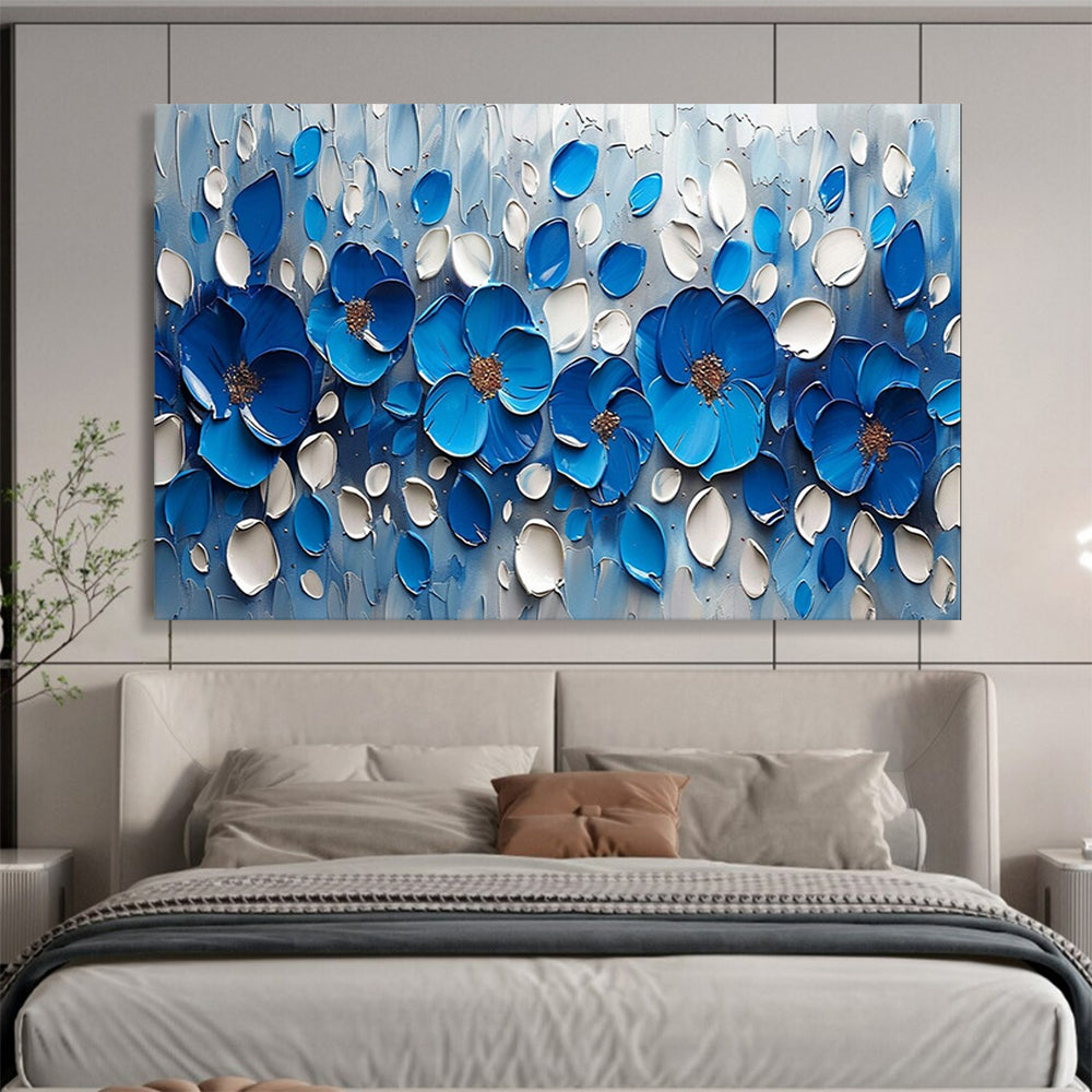 Blue and White Textured Flowers - 3D Botanical Painting On Canvas DLZ173
