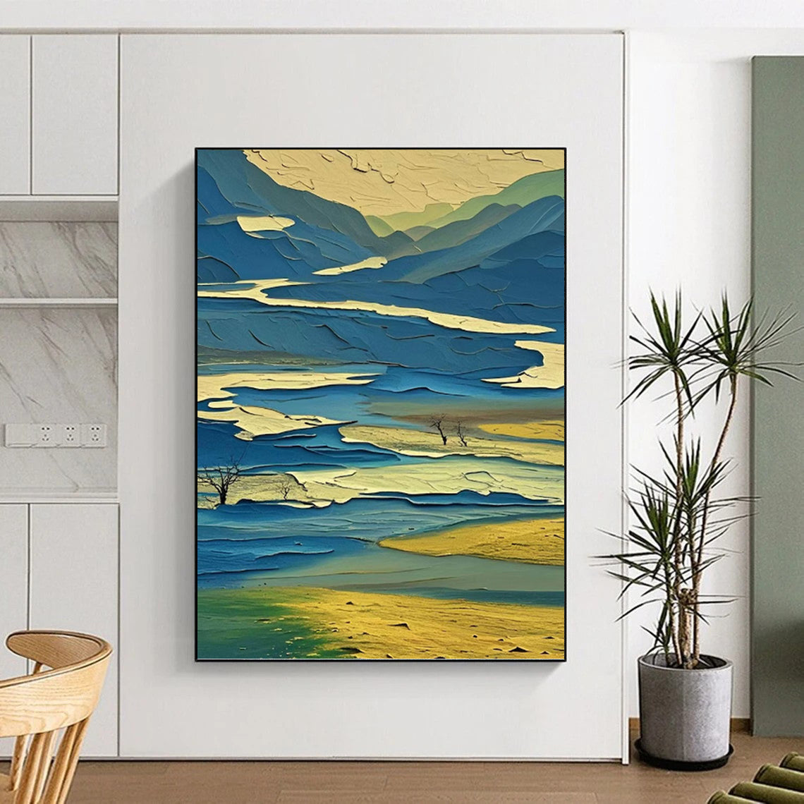 “Colorful Layered Landscape” - Blue, Green & Yellow Cubist - Inspired Painting On Canvas DKH0963
