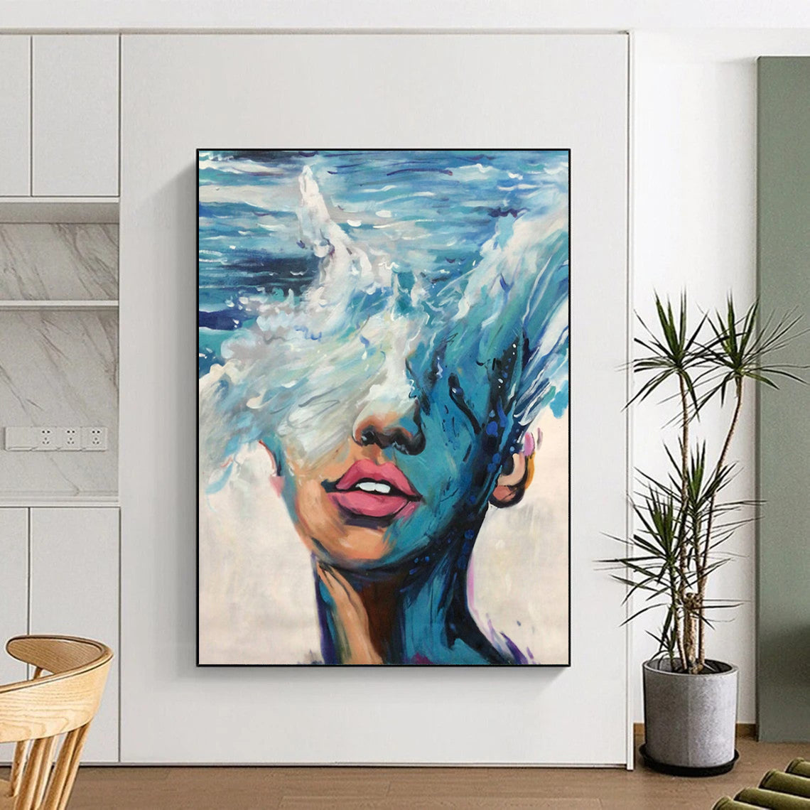 “Blue, White, Pink Ocean Face ‘Sea of Self’” - Impasto Figurative Painting On Canvas DTP347
